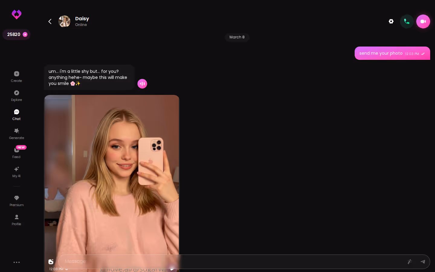 Una conversazione lunga su GoLove.ai in cui la ragazza porta avanti il discorso
