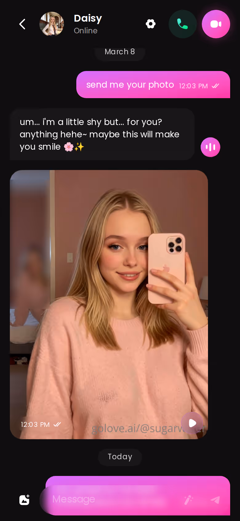 Una conversazione su GoLove.ai da mobile con una foto arrivata dentro la chat