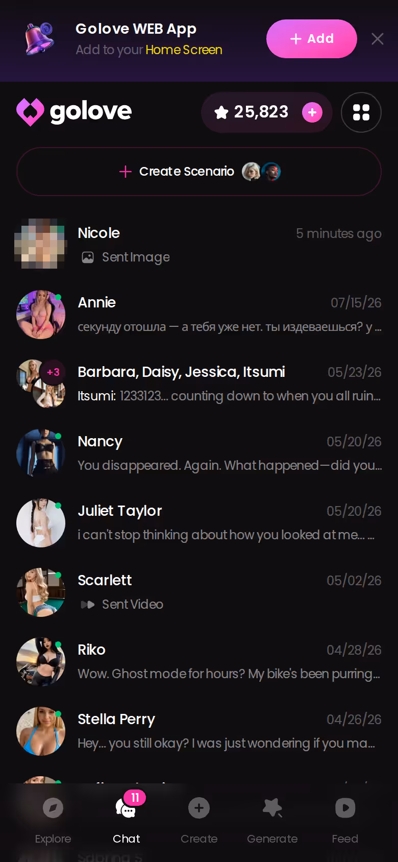 L'elenco chat di GoLove.ai da mobile con tutte le conversazioni in un'unica lista