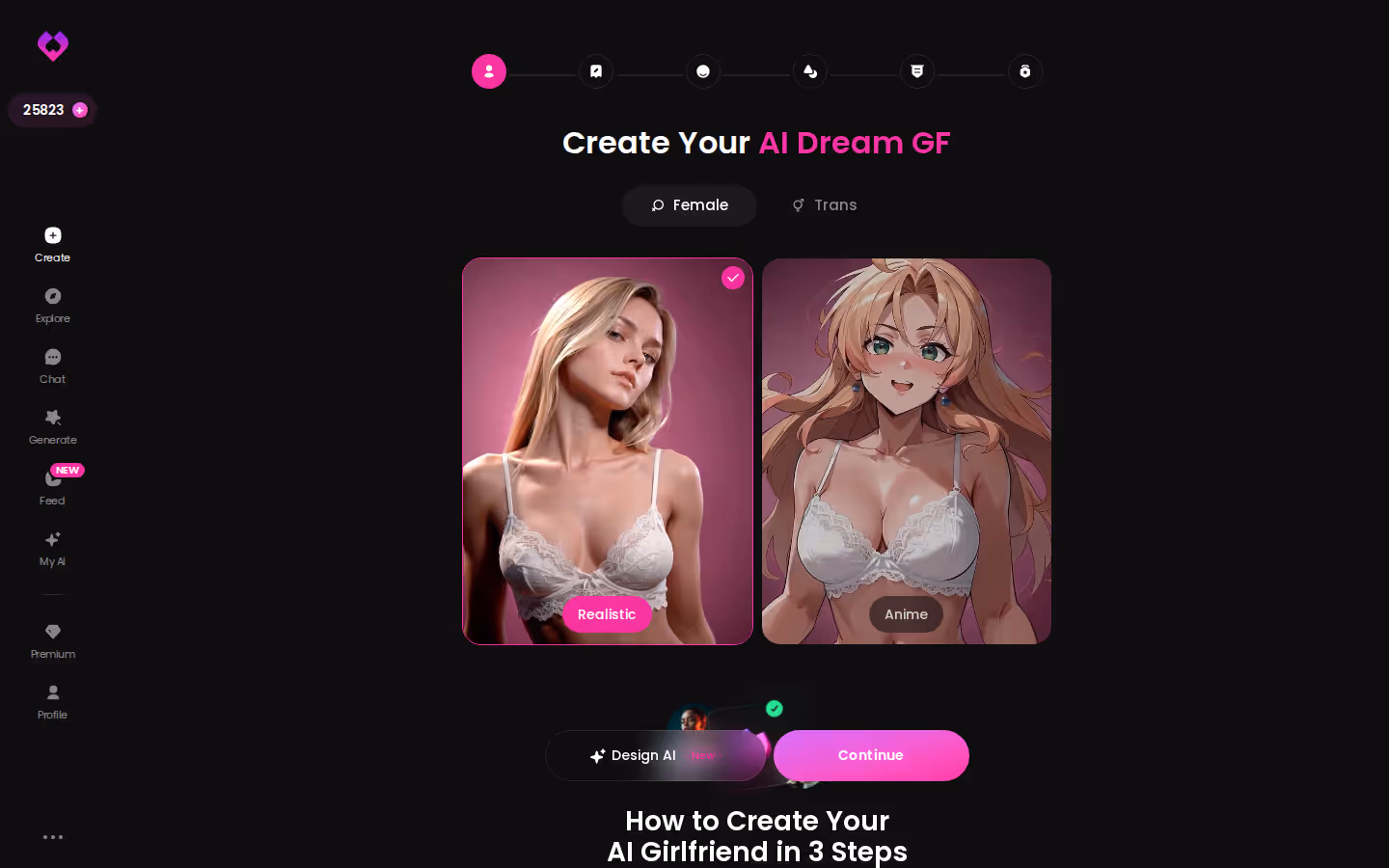 Il primo passo del wizard Create di GoLove.ai con la scelta tra Realistic e Anime