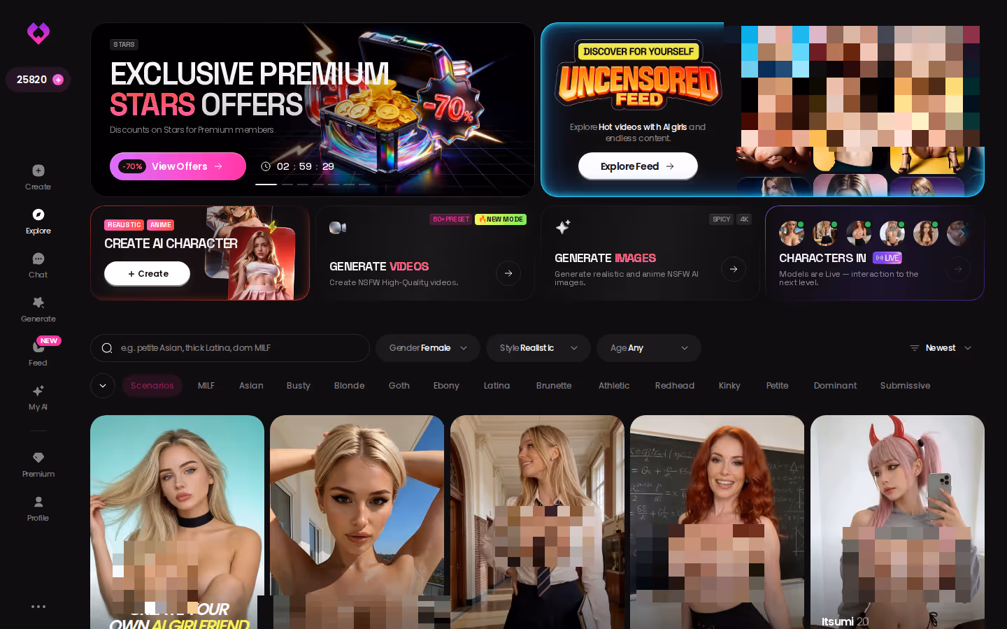 GoLove.ai Explore top — promo banners, tag filters and the character grid — ourdreamai