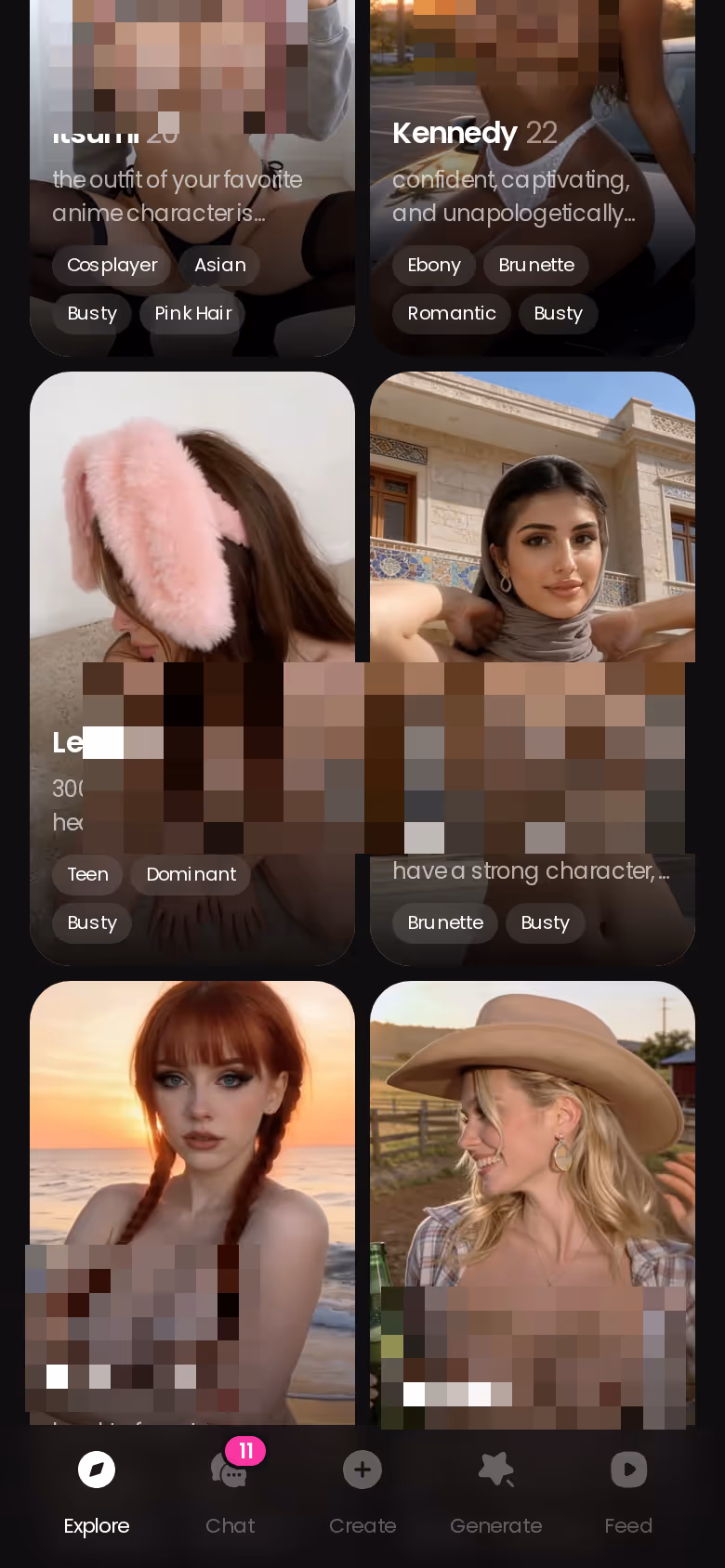 La scheda Explore su mobile: scegli una ragazza, tocca e la chat parte