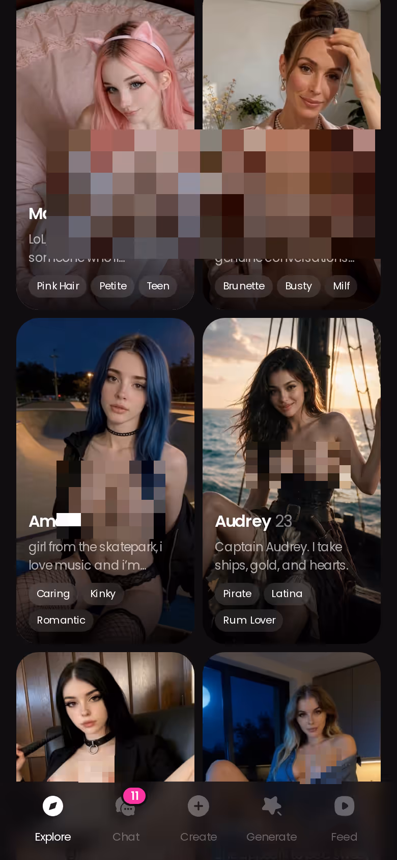 More of the mobile GoLove.ai Explore character grid — ragazza ai nuda