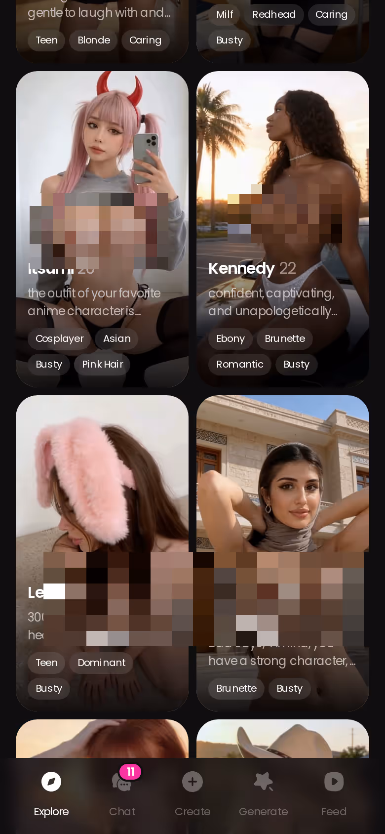 Scheda Explore di GoLove.ai su mobile con i personaggi realistici da cui si inizia a chattare