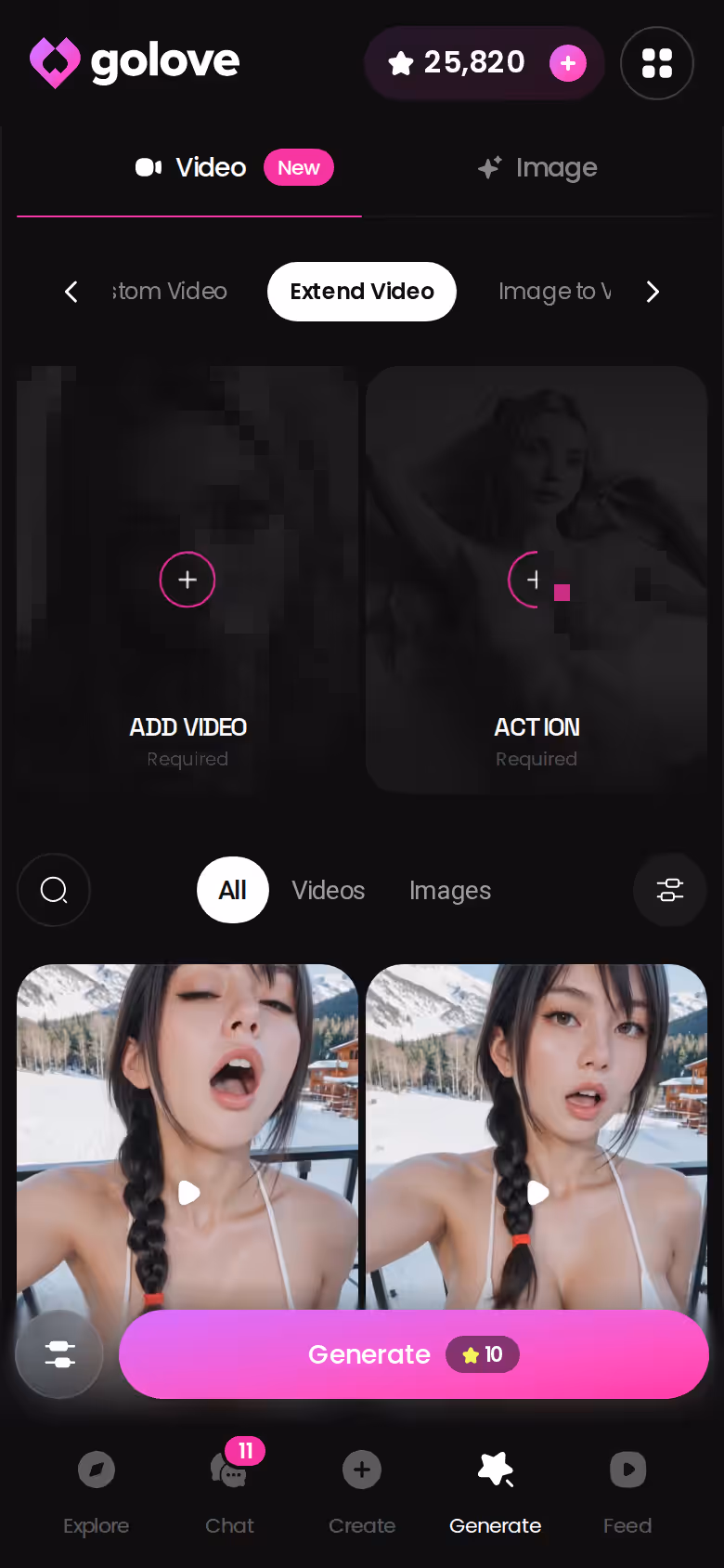 Il generatore video di GoLove.ai su mobile con le schede preset per azione, vestiti e sfondo