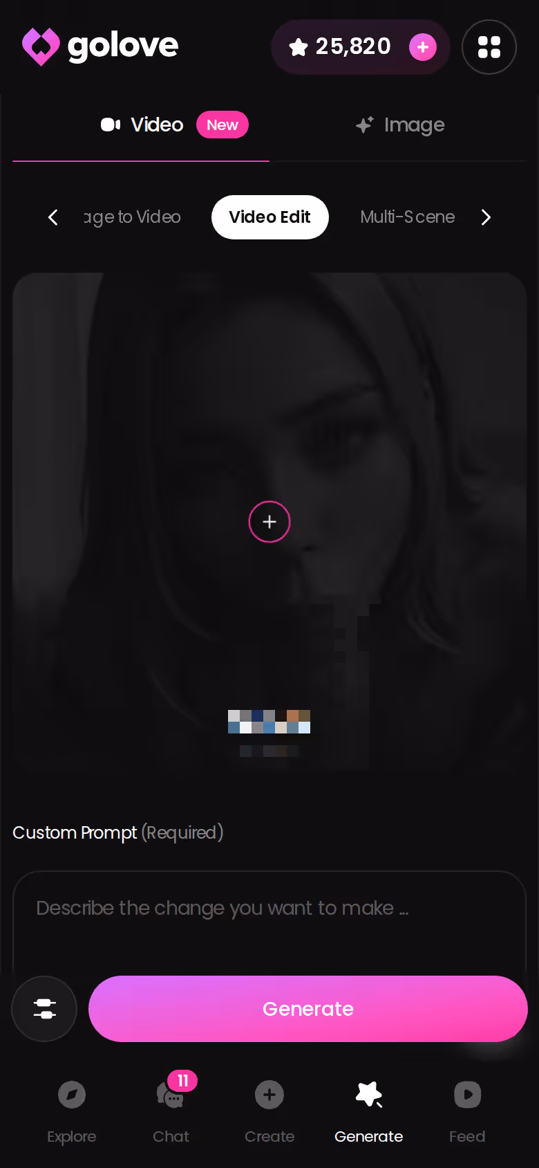 Il generatore video di GoLove.ai su mobile con le carte di azione, abiti e sfondo da selezionare